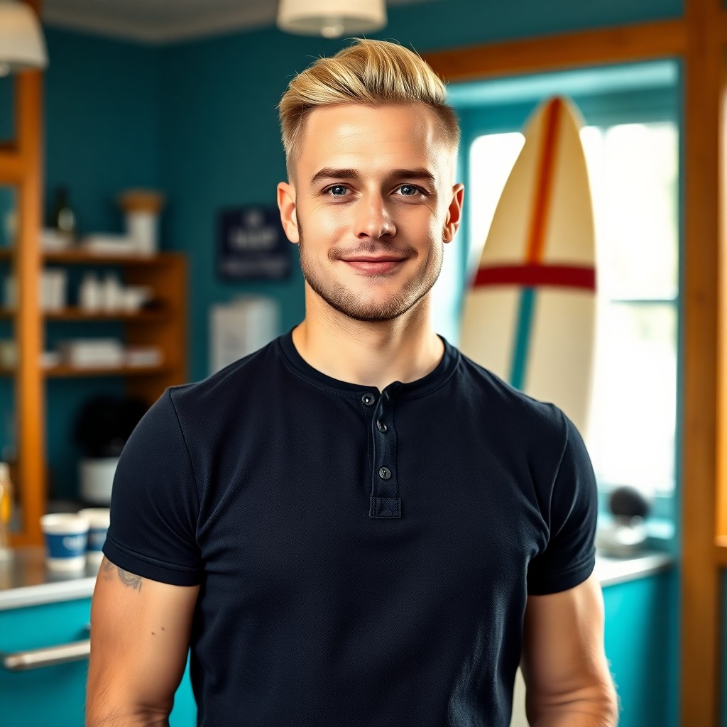 Porträt von Kai Hansen, Gründer und Friseurmeister von Aloha Fade Hamburg – blonder deutscher Barber Ende zwanzig mit kurzem Fade, leichtem Bart, schwarzer Schürze, steht entspannt vor der teal Wand seines Shops im Schanzenviertel