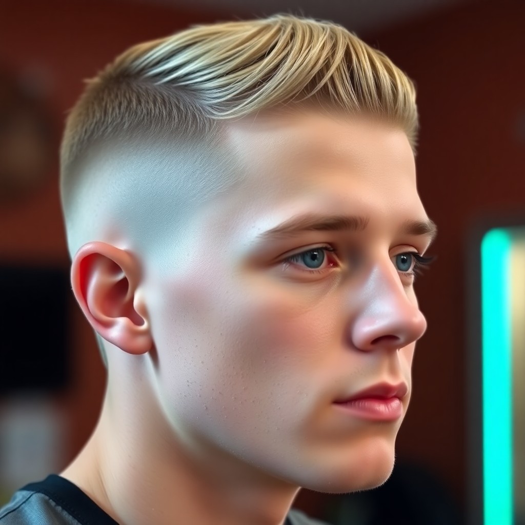 Makroaufnahme eines frischen Aloha Signature Skin Fade Haarschnitts, scharfe Fade-Linie, texturiertes Deckhaar mit Surfwachs, teal Rim Light – Handwerk bei Aloha Fade Hamburg