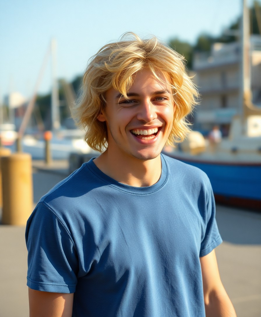 Lifestylefoto eines jungen Mannes mit Surfer's Shaggy Cut bei Aloha Fade, wellige blonde mittellange Haare, Tageslicht am Hamburger Hafen