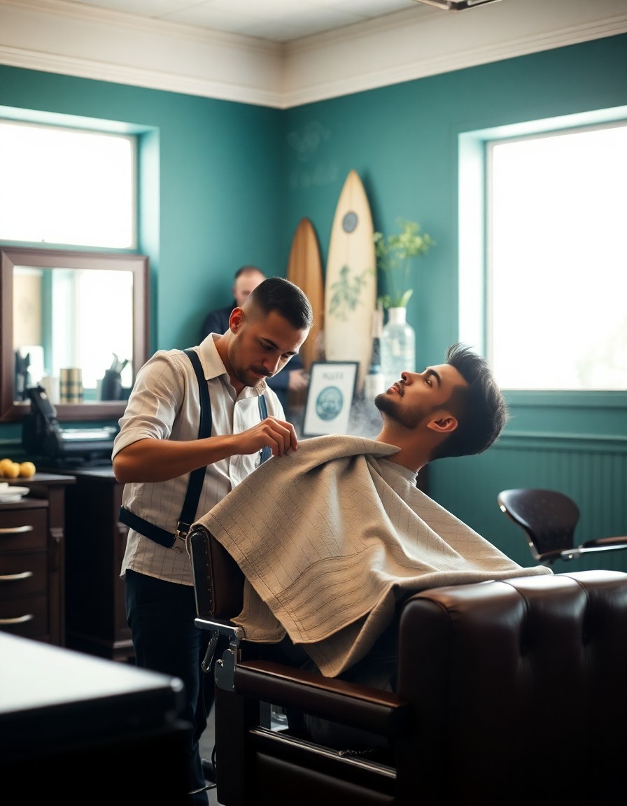 Klassische heiße Rasur mit dem Rasiermesser bei Aloha Fade Hamburg, Dampf vom heißen Tuch, Ledersessel, teal Wand im Hintergrund
