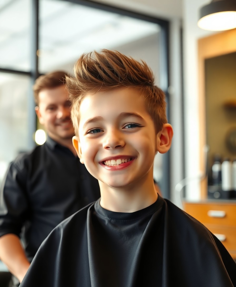 Junior Cut bei Aloha Fade Hamburg, lachender zehnjähriger Junge im Friseurumhang, Vater im Hintergrund, dokumentarische Familienfotografie