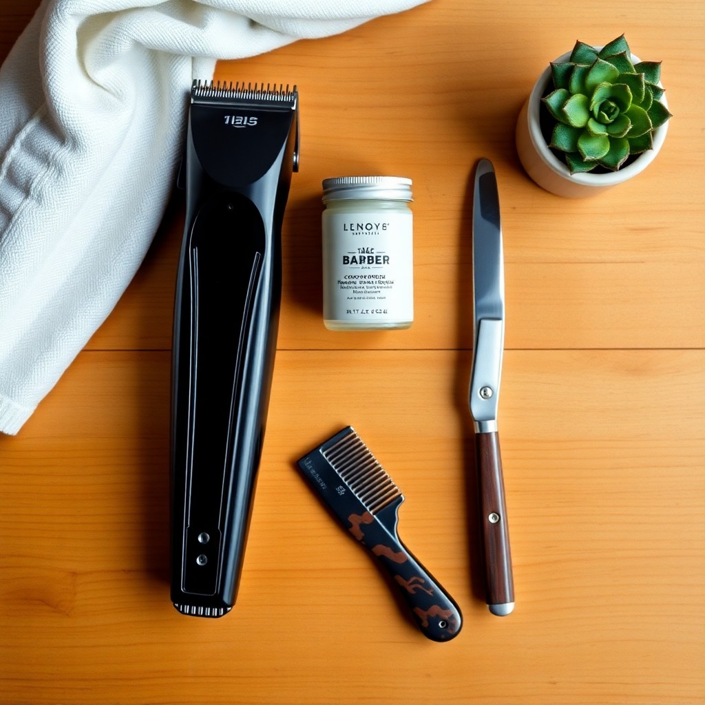 Flatlay der professionellen Barbertools bei Aloha Fade Hamburg – Vintage Clipper, Rasiermesser, Kammes aus Schildpatt, Pomade und Leinentuch auf Holztisch